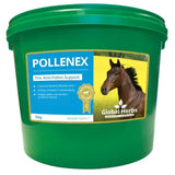 Green plastic bucket of global herbs pollenex with blue yellow label and brown horse image for easy breathing global
