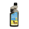 A 1-liter translucent bottle of global herbs pollenex dark liquid syrup with a black cap and a blue horse label