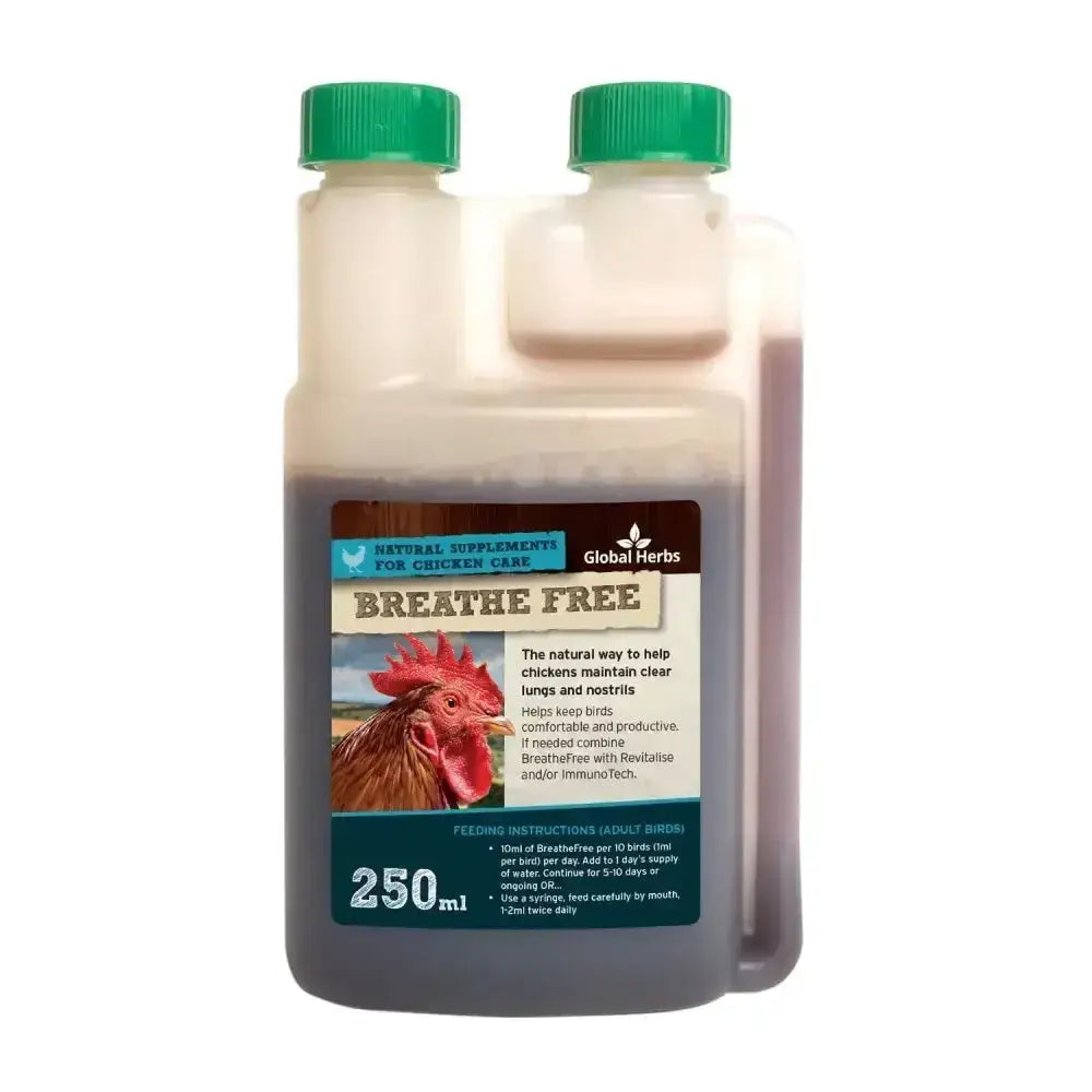 250ml plastic bottle of global herbs poultry breathe free with green cap and rooster label to help chickens maintain clear airways