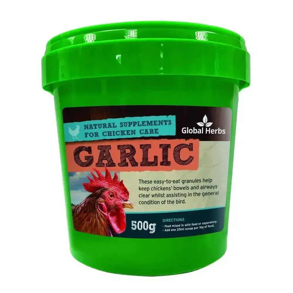 Bright green plastic container of global herbs poultry garlic granules with rooster label and 500g for chickens