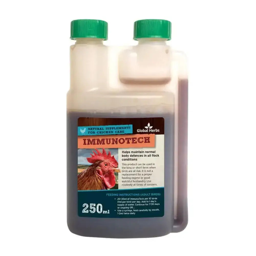 A 250ml plastic bottle of global herbs poultry immunotech with green cap and rooster label for natural chicken care