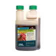 250ml plastic bottle of global herbs poultry revitaliser dark liquid chicken supplement with green caps and rooster label