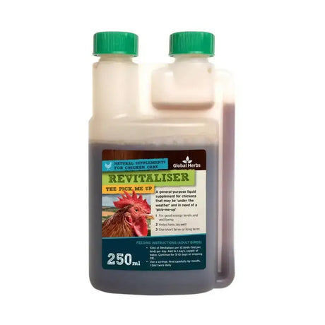 250ml plastic bottle of global herbs poultry revitaliser dark liquid chicken supplement with green caps and rooster label
