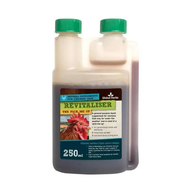 250ml plastic bottle of global herbs poultry revitaliser dark liquid chicken supplement with green caps and rooster label