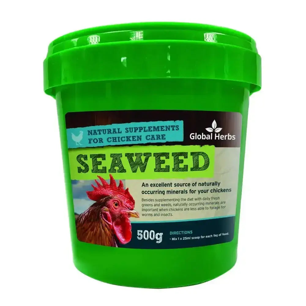 Bright green global herbs poultry container of herbs poultry seaweed supplement for daily fresh greens 500g with rooster label