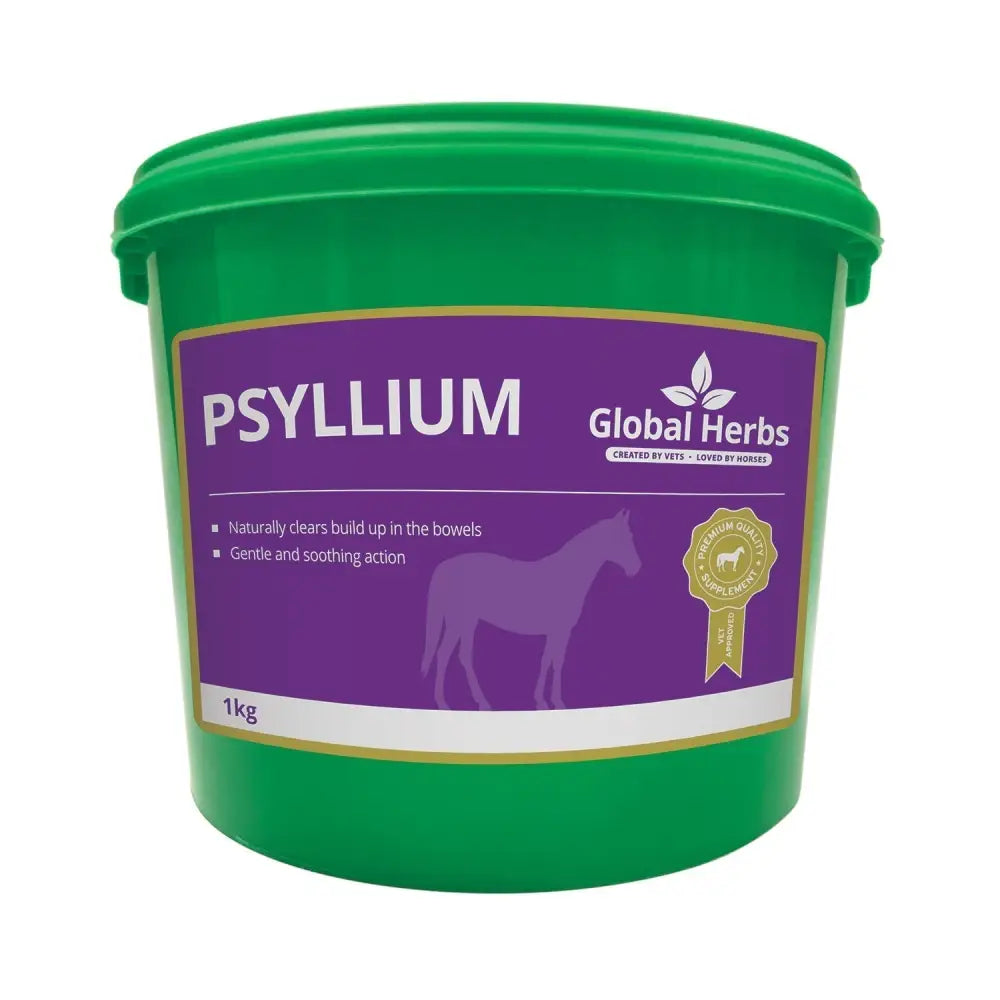 Green plastic bucket of global herbs psyllium supplement 1kg net weight for gut balancers and horses bowels clear