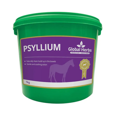 Green plastic bucket of global herbs psyllium supplement 1kg net weight for gut balancers and horses bowels clear