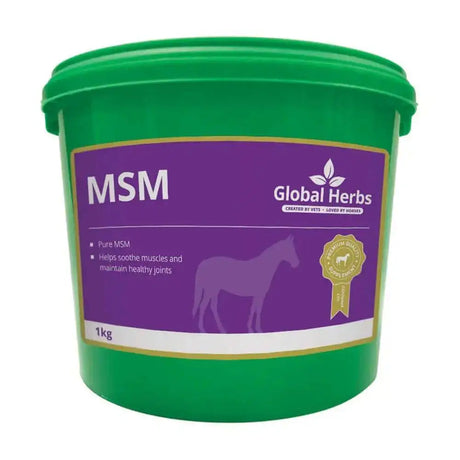 Green plastic bucket with purple label of global herbs pure msm equine joint supplement for horse health
