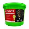 Bright green plastic bucket labeled global herbs restore with red and black label and horse image for horse supplement