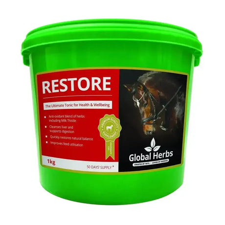 Bright green plastic bucket labeled global herbs restore with red and black label and horse image for horse supplement