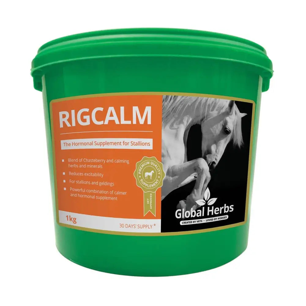 Green plastic bucket of global herbs rig calm horse supplement hormonal blend for stallions by global herbs