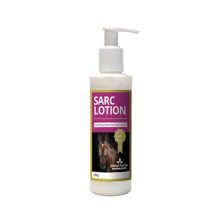 White plastic bottle of global herbs sarc lotion with white pump and purple label featuring a horse image