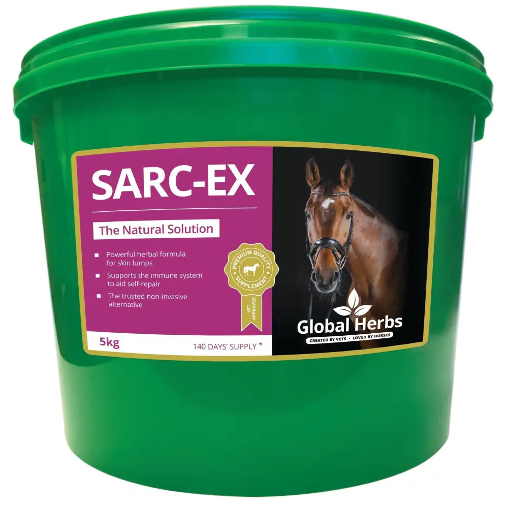 Green plastic bucket with global herbs sarcex horse supplement and 25ml level scoops of antioxidant herbs