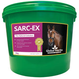 Green plastic bucket with global herbs sarcex horse supplement and 25ml level scoops of antioxidant herbs