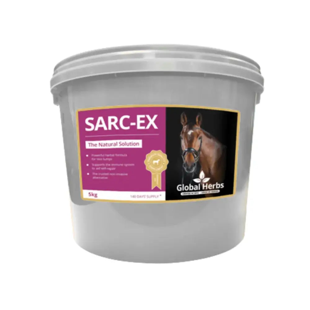 A 5kg white plastic bucket of global herbs sarcex horse supplement with antioxidant herbs and 25ml level scoops