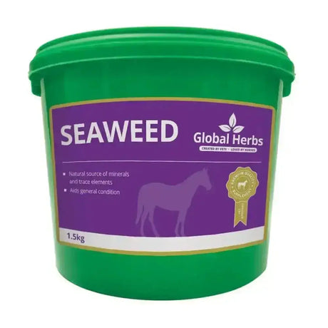 Green plastic bucket of global herbs seaweed with purple label showing 1.5kg trace minerals for horses general condition