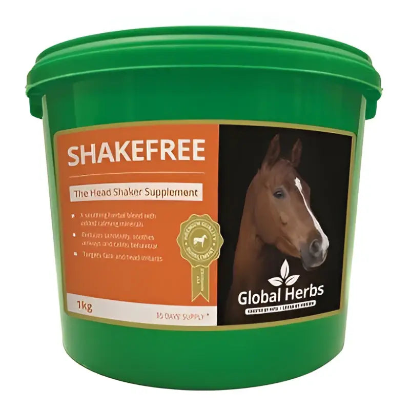 Green plastic bucket with orange label featuring horse image and global h shake free branding for equestrian use