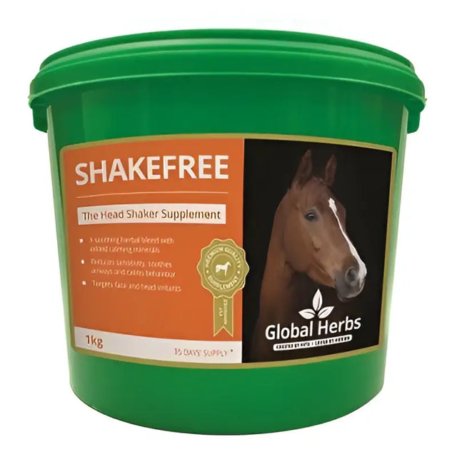 Green plastic bucket with orange label featuring horse image and global h shake free branding for equestrian use