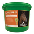 Green plastic bucket with orange horse label for global herbs shake free 1 kg equestrian product for shake free feeding