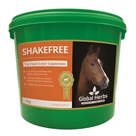 Green plastic bucket with orange horse label for global herbs shake free 1 kg equestrian product for shake free feeding