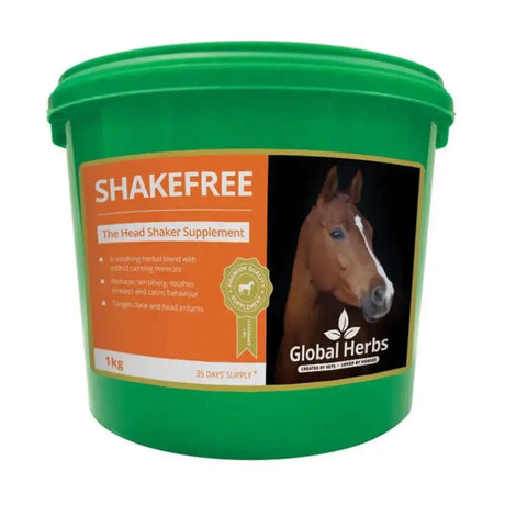 Green plastic bucket of global herbs shakefree horse supplement with orange black label and horse image for nutrition