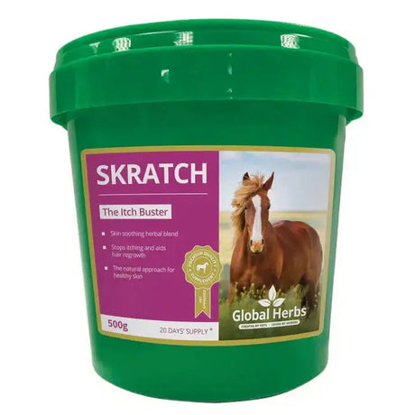 Green plastic bucket containing global herbs skratch 500g skin-soothing herbal blend for horses