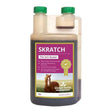 A 1-liter bottle of global herbs skratch syrup with a purple and green label featuring a horse for itch relief