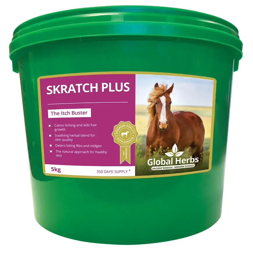 Green plastic bucket of global herbs skratchplus with purple white label showing brown horse effective supplement traditionally soothing itching