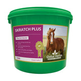 Green plastic bucket of global herbs skratchplus with purple gold label showing a brown horse for soothing itching
