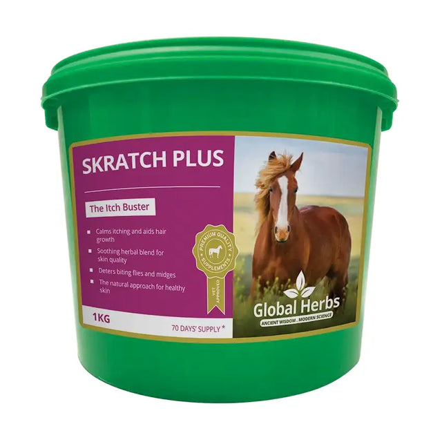 Green plastic bucket of global herbs skratchplus with purple gold label showing a brown horse for soothing itching