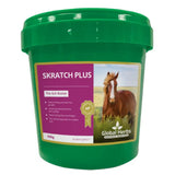 Green plastic bucket of global herbs skratchplus with purple gold label showing brown horse for soothing itching