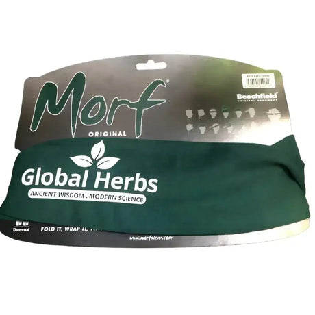 Dark green fabric horse riding snood by global herbs with white leaf logo and morf original cardboard sleeve packaging