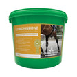 Green plastic bucket of global herbs strongbone equine joint supplements for skeletal development in horses