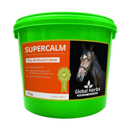 Bright green plastic bucket of global herbs supercalm all-round calmer supplement for horses herbs supercalm horse