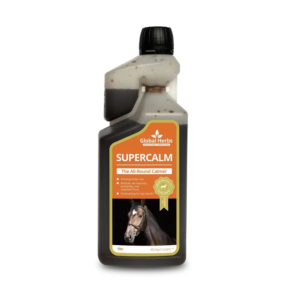 A 1-liter bottle of global herbs supercalm liquid with dark calmer inside a clear plastic container with a black cap and orange label