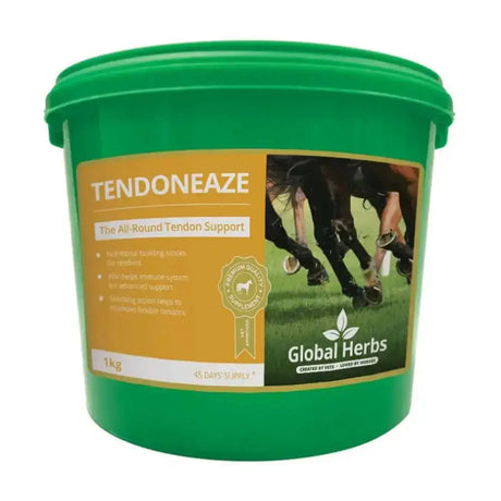 Green plastic bucket of global herbs tendoneaze 1kg all-round tendon support supplement for horses offers advanced nutritional support