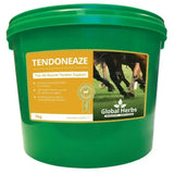Green plastic bucket of global herbs tendoneaze with orange and white label showing horses legs in motion for advanced support