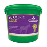 Green plastic tub of global herbs turmeric gold 1.8kg supplement with pure turmeric root and black pepper for joint health with strong soothing properties