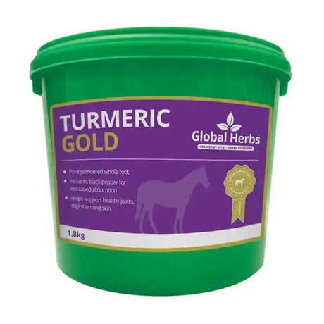 Green plastic tub of global herbs turmeric gold 1.8kg supplement with pure turmeric root and black pepper for joint health with strong soothing properties