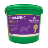 Green plastic bucket of global herbs turmeric gold with purple label and gold trim known for strong soothing properties
