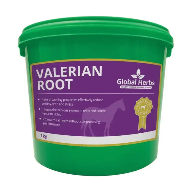 Green plastic bucket with a purple label of global herbs valerian root containing 1kg of herbs valerian root
