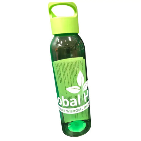 Green translucent herbs water bottle with lime green handle and cap featuring white leaf logo for global herbs water