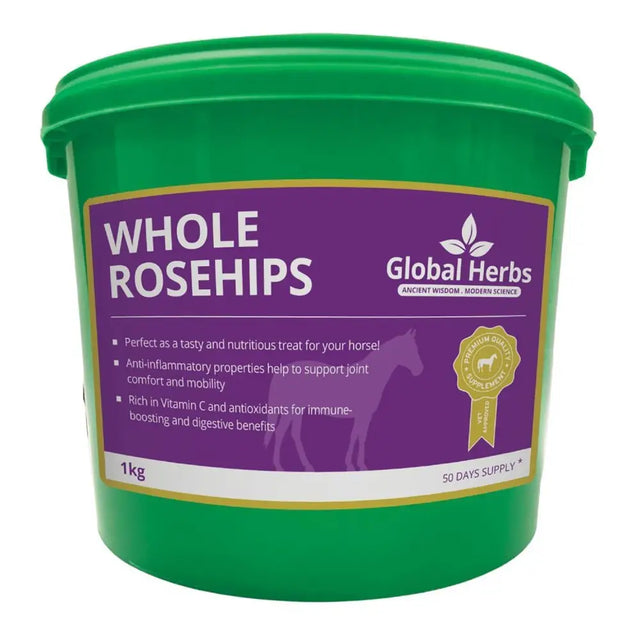 Green plastic bucket with purple label and gold accents of global herbs whole rosehips nutritious treat for horses horse supplements
