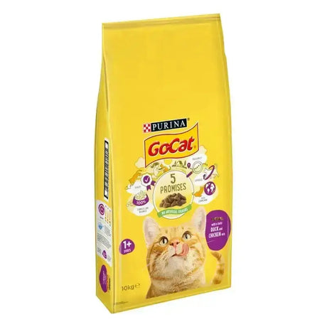 Bright yellow bag of purina go cat adult chicken cat food with orange tabby and purple accents for cat comp duck chicken