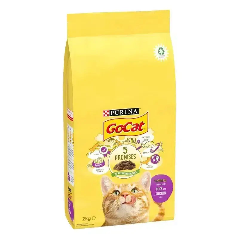 Yellow bag of purina gocat adult chicken duck chicken cat food with orange tabby image for cat comp duck product