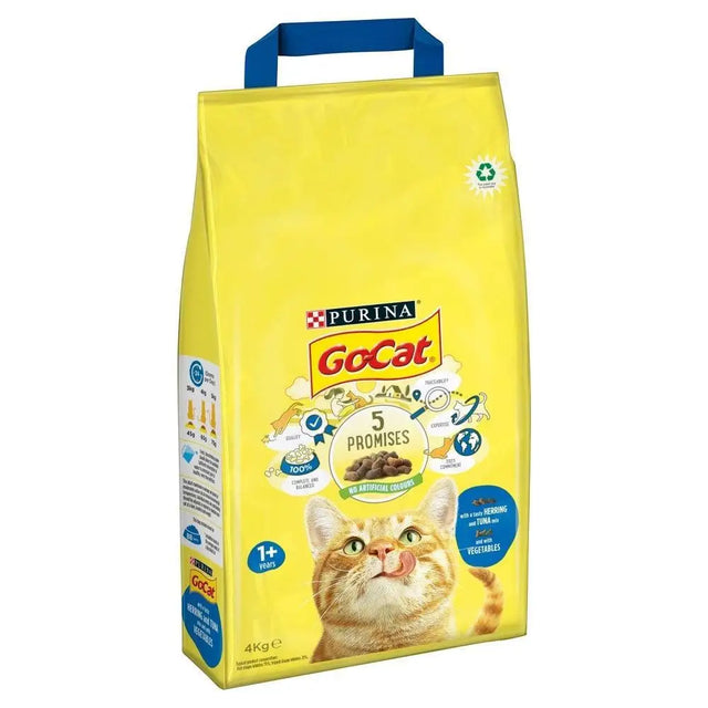 Yellow bag of purina gocat go-cat comp tuna herring cat food 4 kg with blue handle and ginger tabby cat licking lips