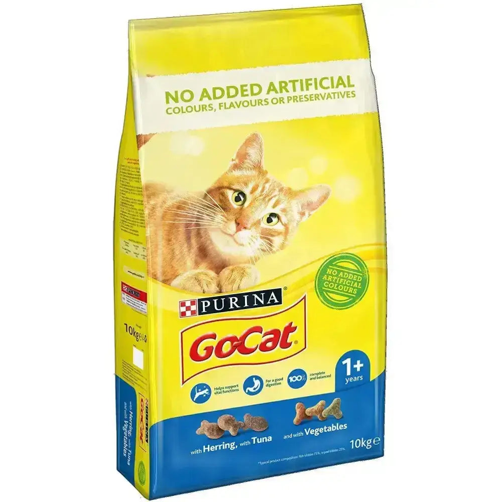 Yellow and blue bag of purina gocat dry cat food specially formulated with cat complete tuna and herring for cats