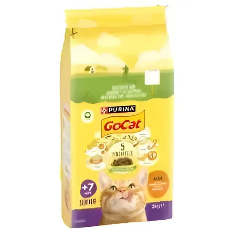 Yellow and green packaged purina go-cat senior cat food chicken & veg with orange tabby on front for senior cats