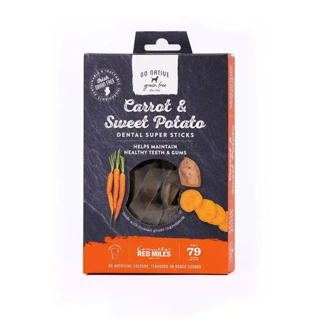 Black and orange packaged carrot and sweet potato go native dental super sticks treat by red mills for dogs