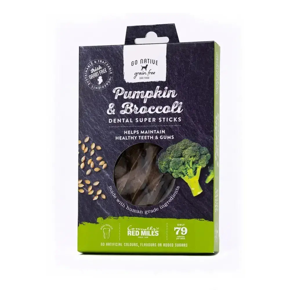 Go native dental super sticks treat in dark green and black cardboard packaging with pumpkin and broccoli flavor for dogs